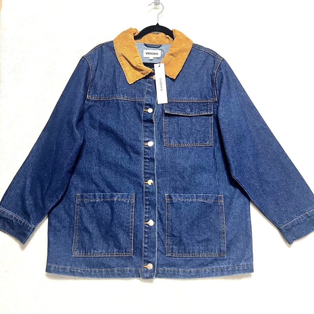 Vigoss Denim Barn Jacket NWT Size L Dark Wash Corduroy Collar Oversized Women's